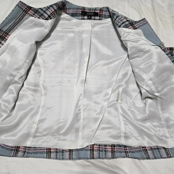 View Cropped Tweed Blazer/Dress Jacket, Light Blue/Pink Plaid, Lined, Sz 6, EUC! - Picture 12 of 14